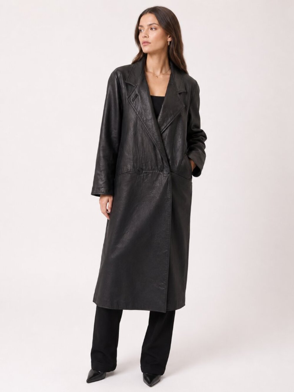 Vintage 80s CASSIDY Black Leather Double Breasted Long Trench Coat Small
